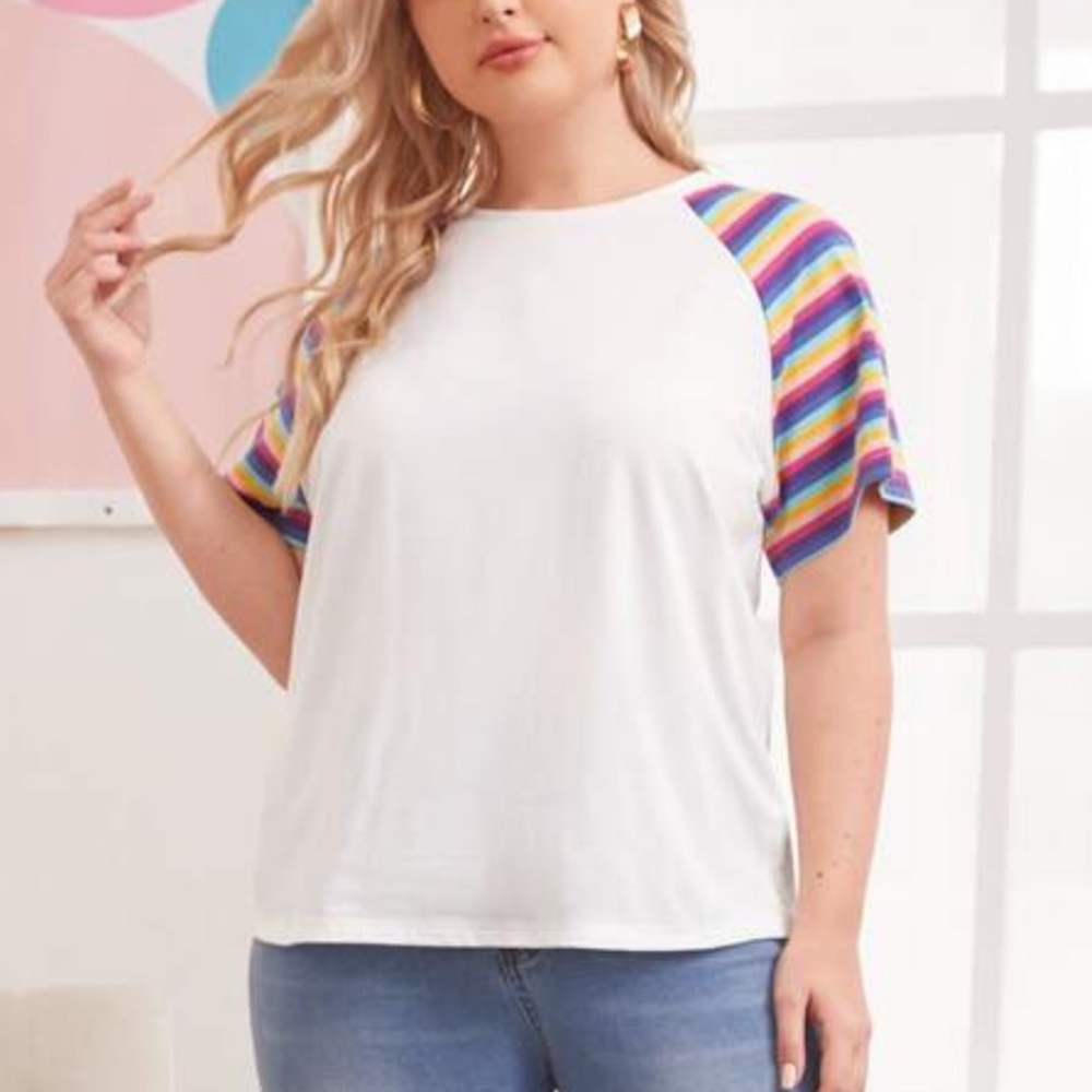 White Tee with Rainbow Sleeves